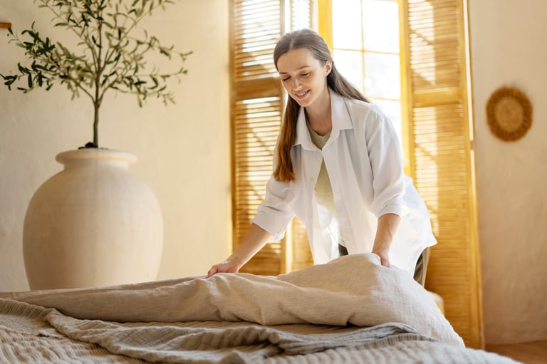 Smiling housekeeper making a bed with fresh linen in a hotel room or vacation rental apartment