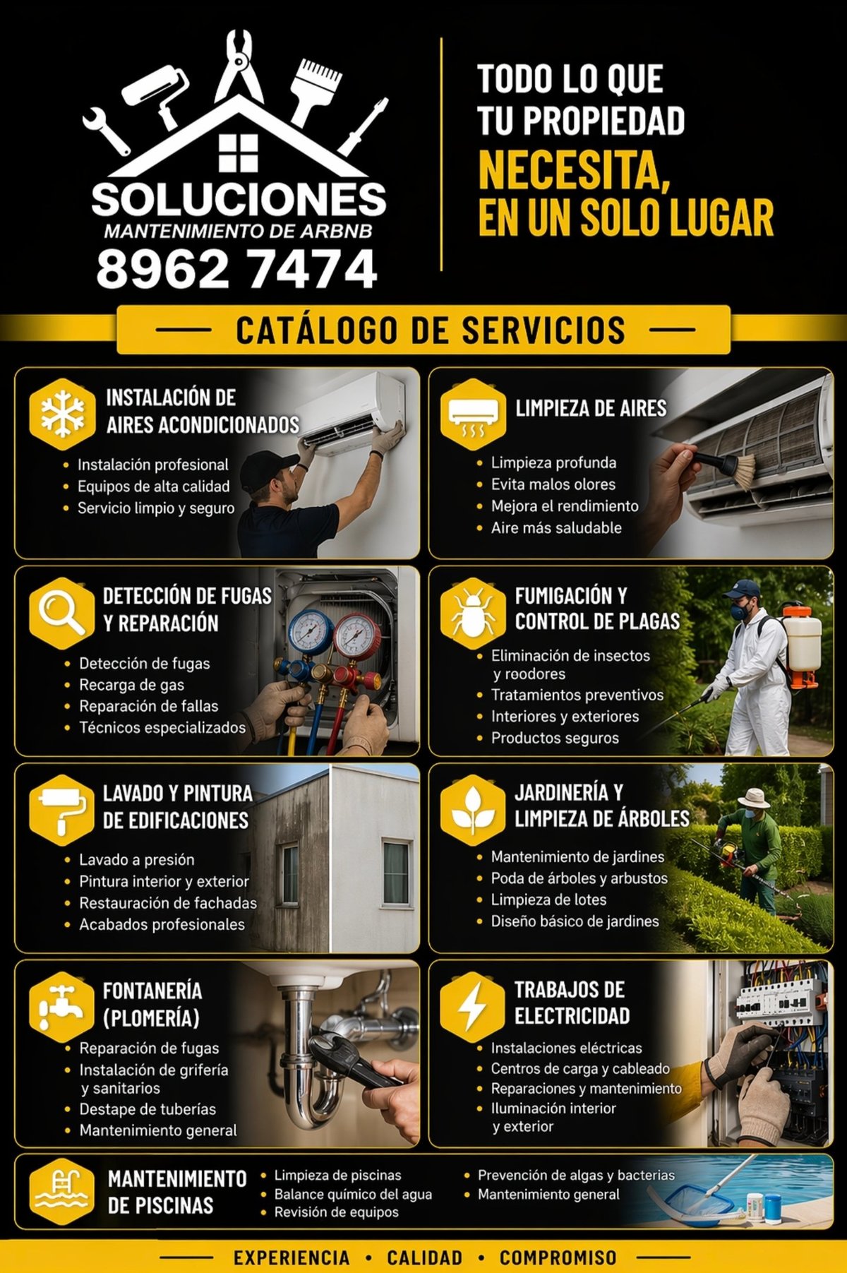 Service catalog for Soluciones Mantenimiento showing 8 maintenance services including air installation, duct cleaning, leak detection, fumigation, painting, plumbing, electrical work, and pool maintenance with contact number 8962 7474
