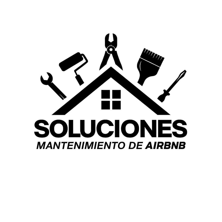 Black logo for Soluciones Mantenimiento de Airbnb with house roof, tools including wrench, pliers, paint roller, brush, and shovel arranged around it